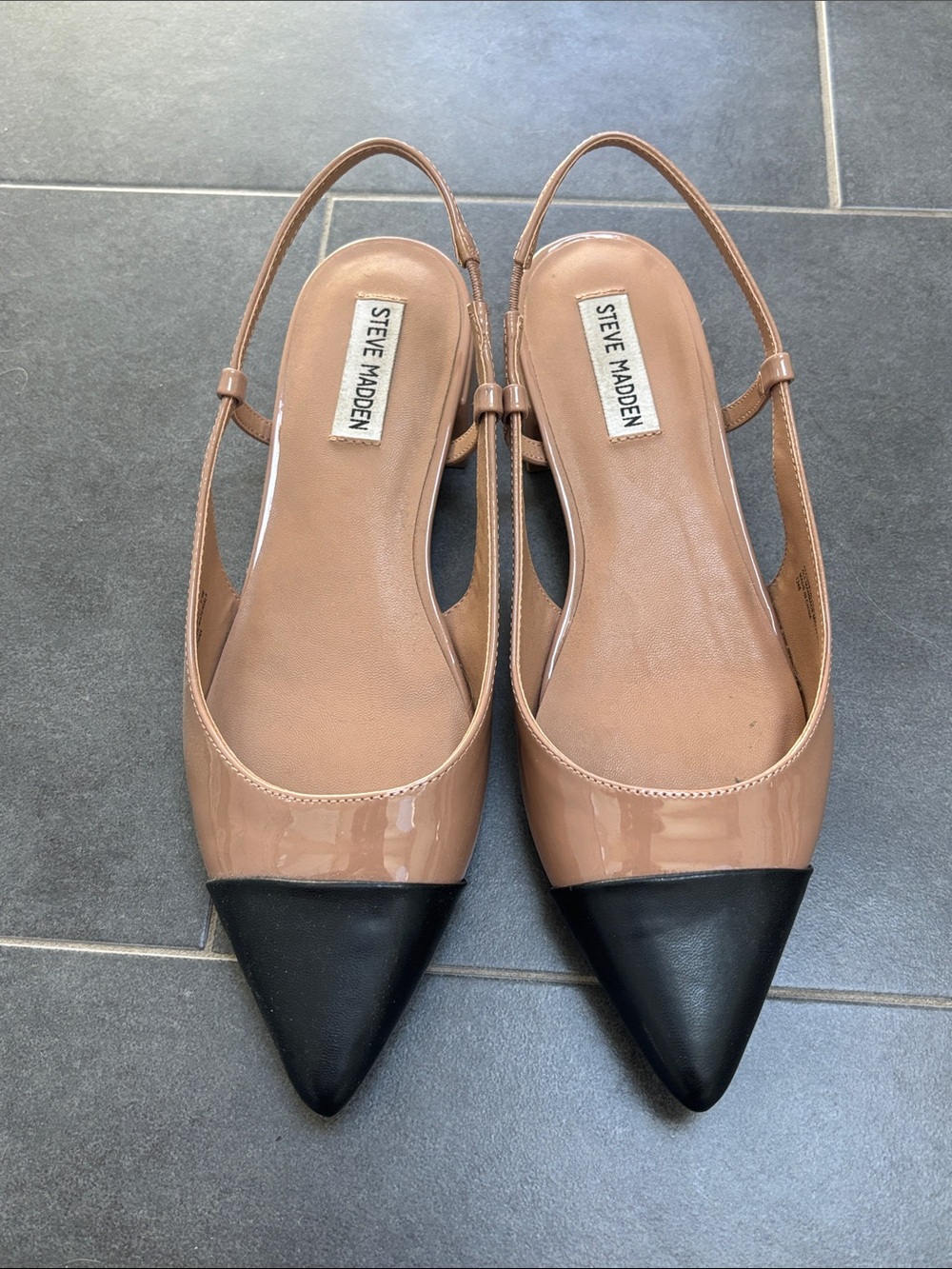 Steve Madden Two-Tone Patent Slingback Flats in Nude and Black
